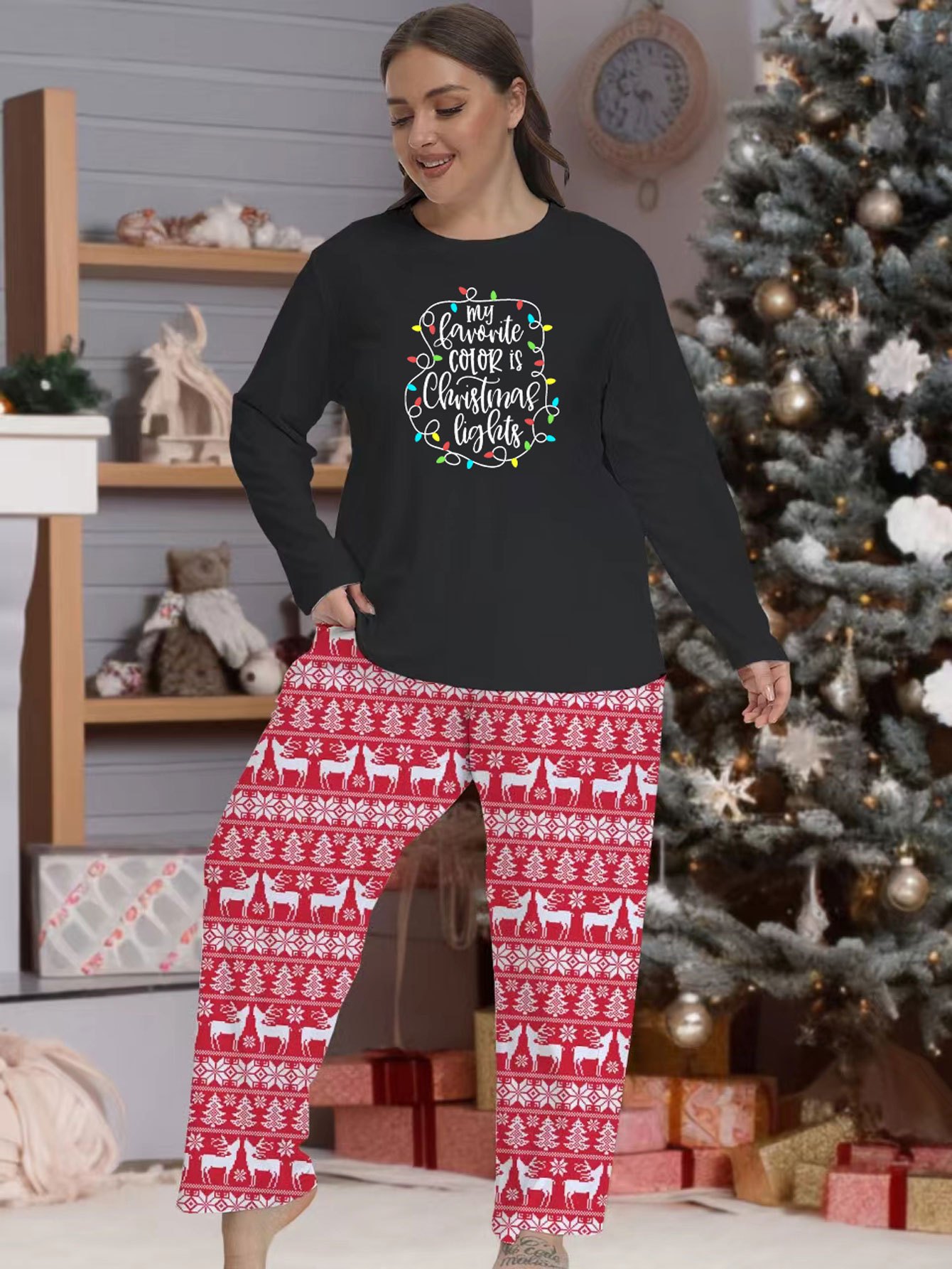 Xmas Pajama Set Women's String Lights Top & Striped Pants