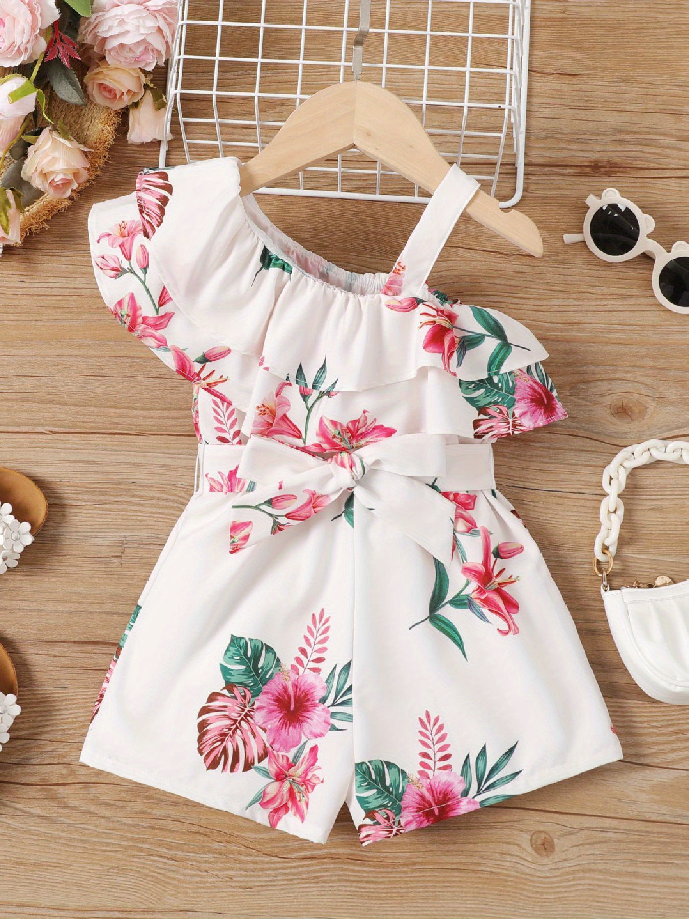 Toddler Girl Floral Print Ruffled Bowknot Button Design Cami Romper