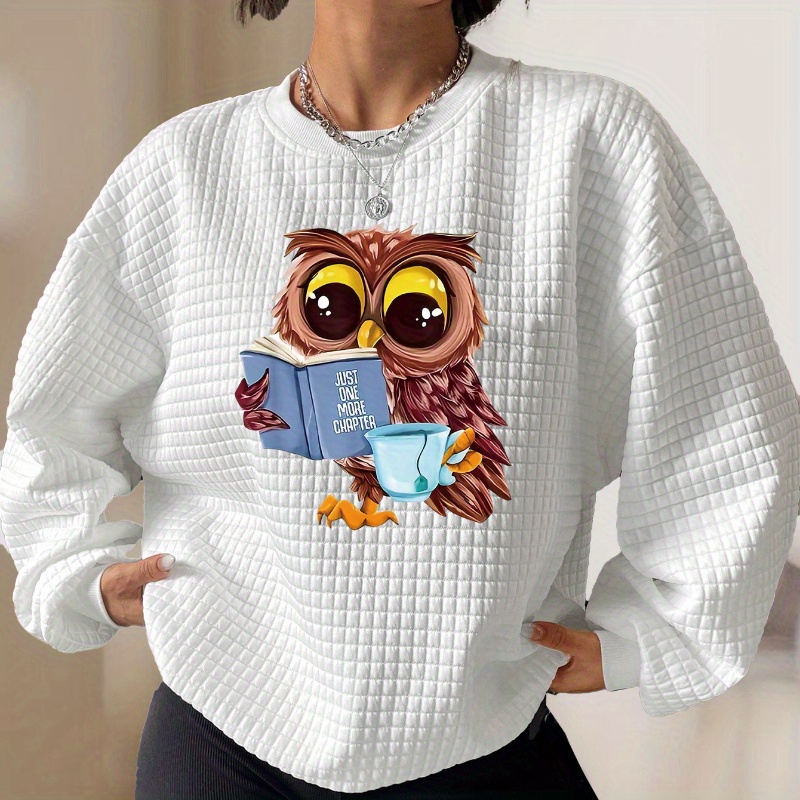 

Cartoon Owl & Books Print Lounge Tops, Long Sleeve Crew Neck Waffle Knit Top, Women's Loungewear & Sleepwear