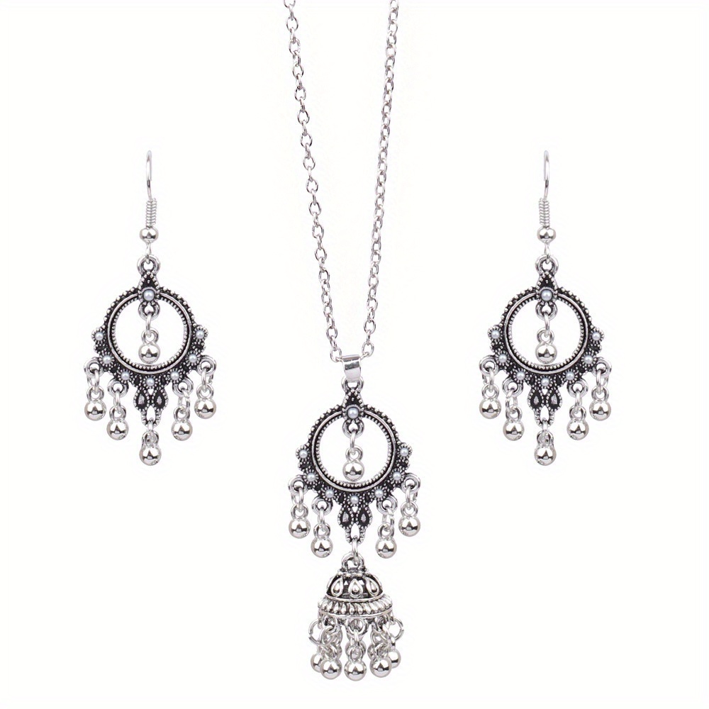 Boho Fashion Round Drop Earrings Necklace Set Antique Bells - Temu