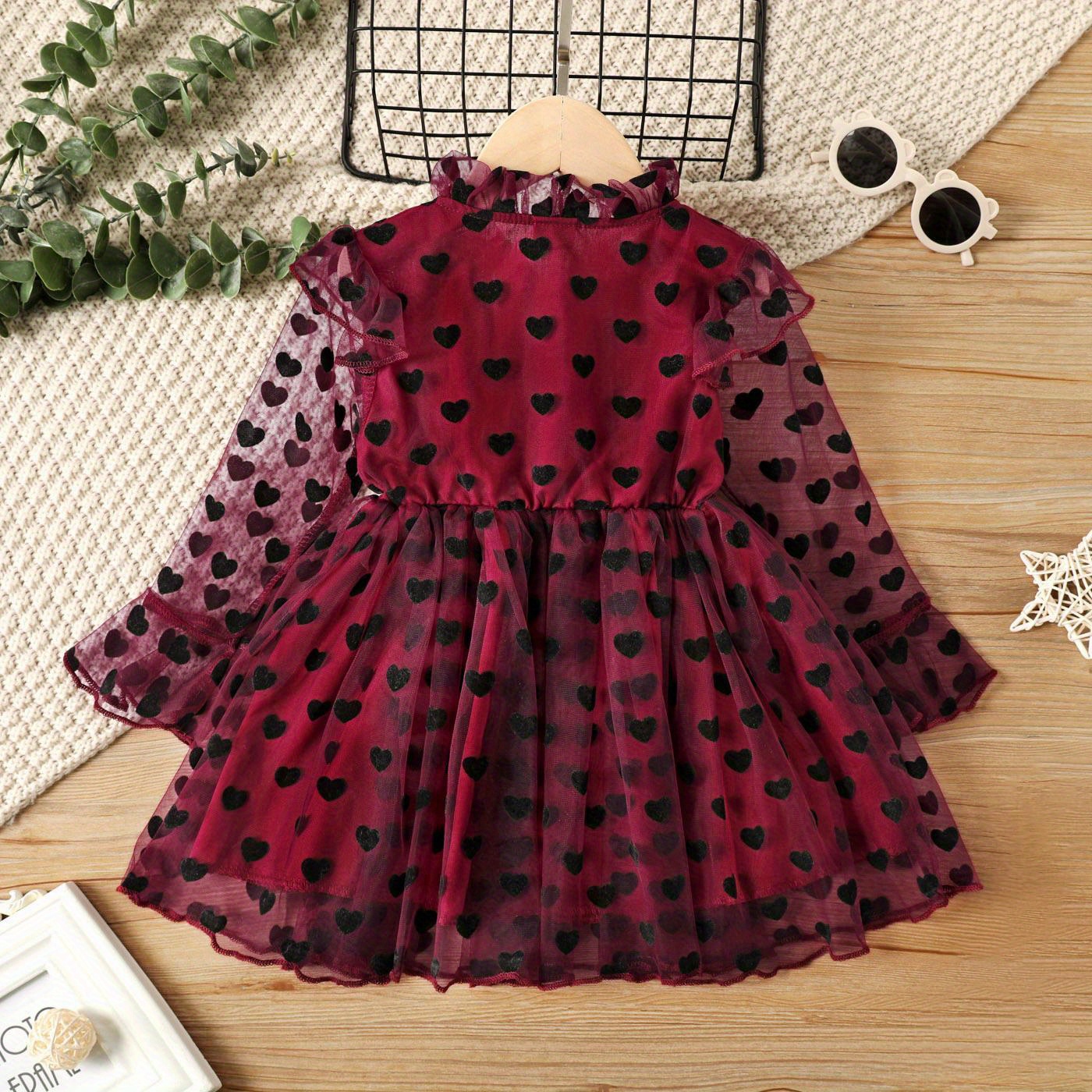 Toddler Girl Ruffle Collar Heart Pattern Button Design Mesh Long