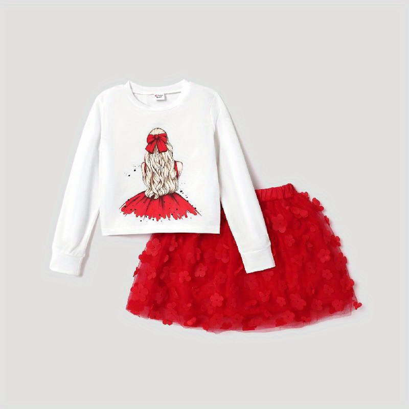 

Girls 2pcs Outfits Portrait Print Long Sleeve T-shirt + Skirt Set Autumn Clothes