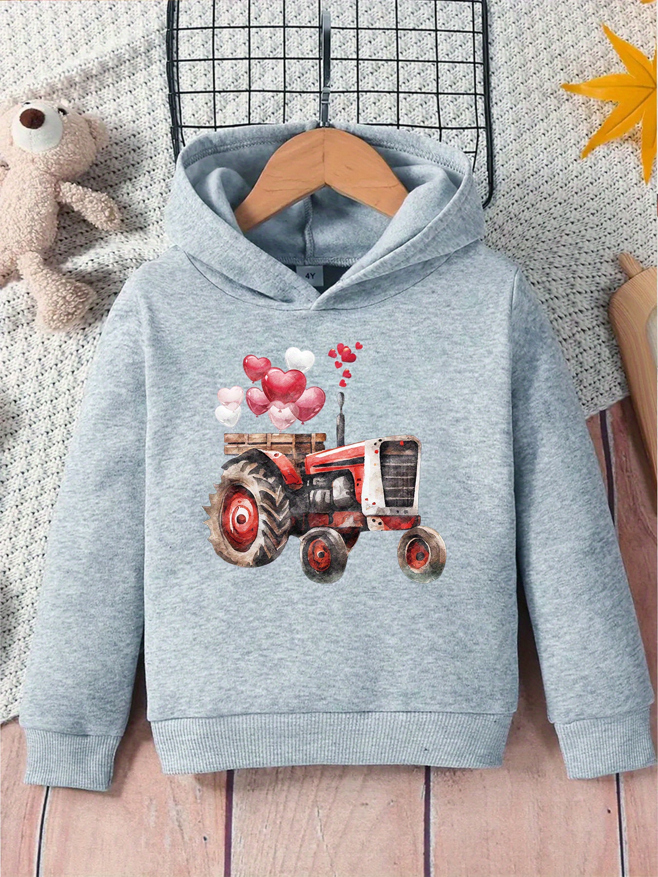 Cartoon Tractor Print Boys Casual Pullover Long Sleeve Temu