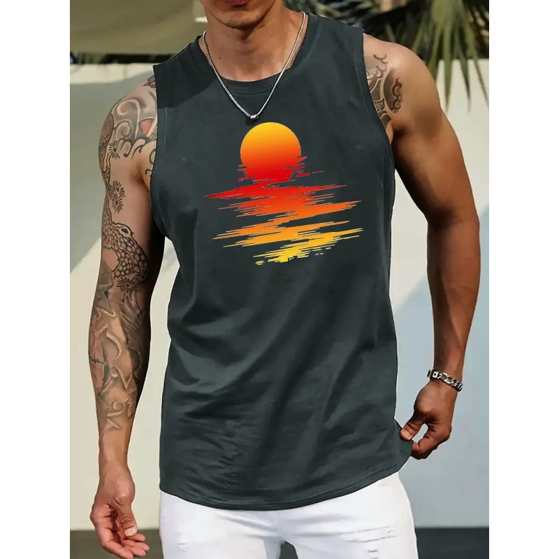 

Men's Quick-dry Athletic Tank Top With Sunset Print - Breathable, Moisture-wicking Polyester, Sleeveless Workout Shirt For Gym & Running,