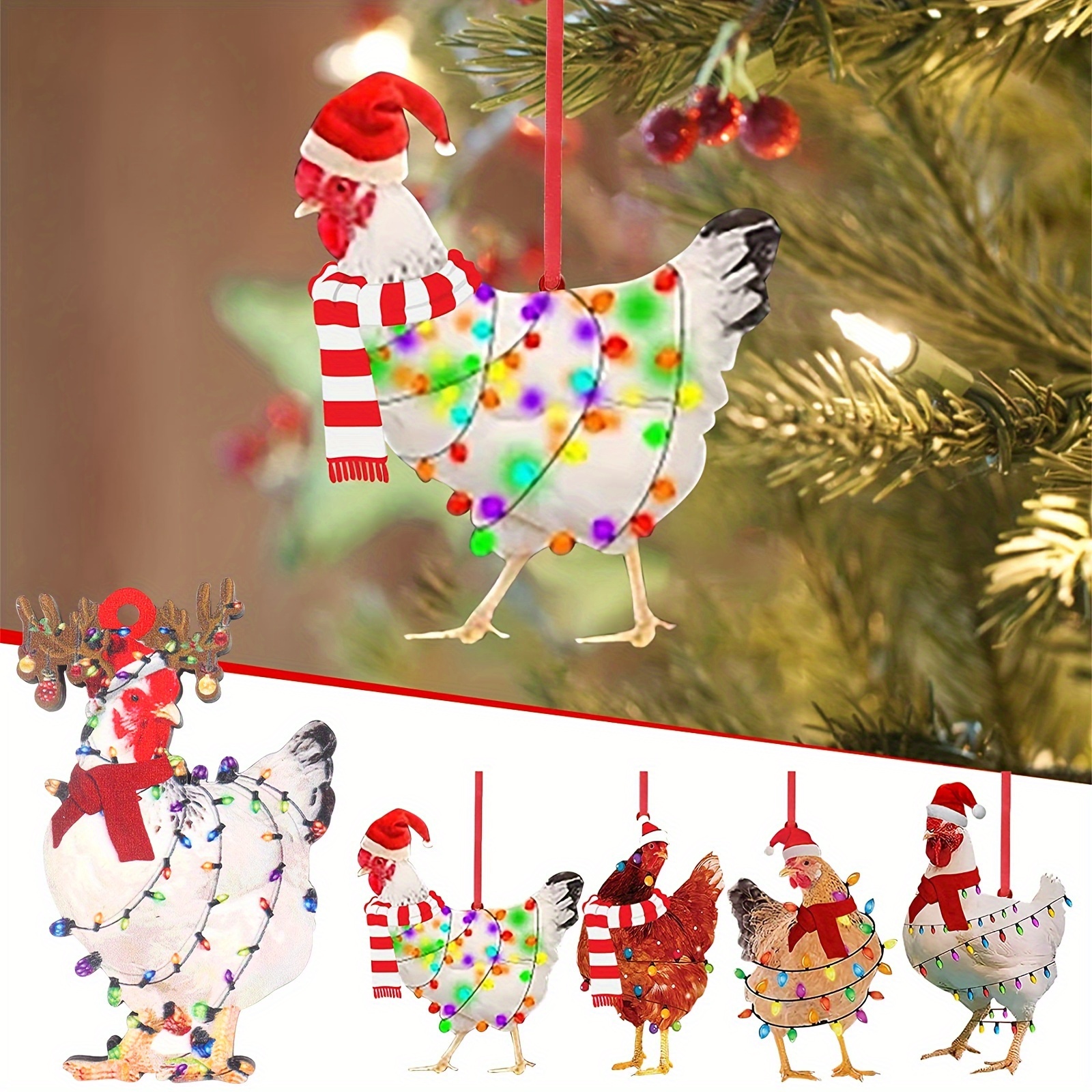 Painted Wooden Ornament Chicken Christmas Merry Chickmas 