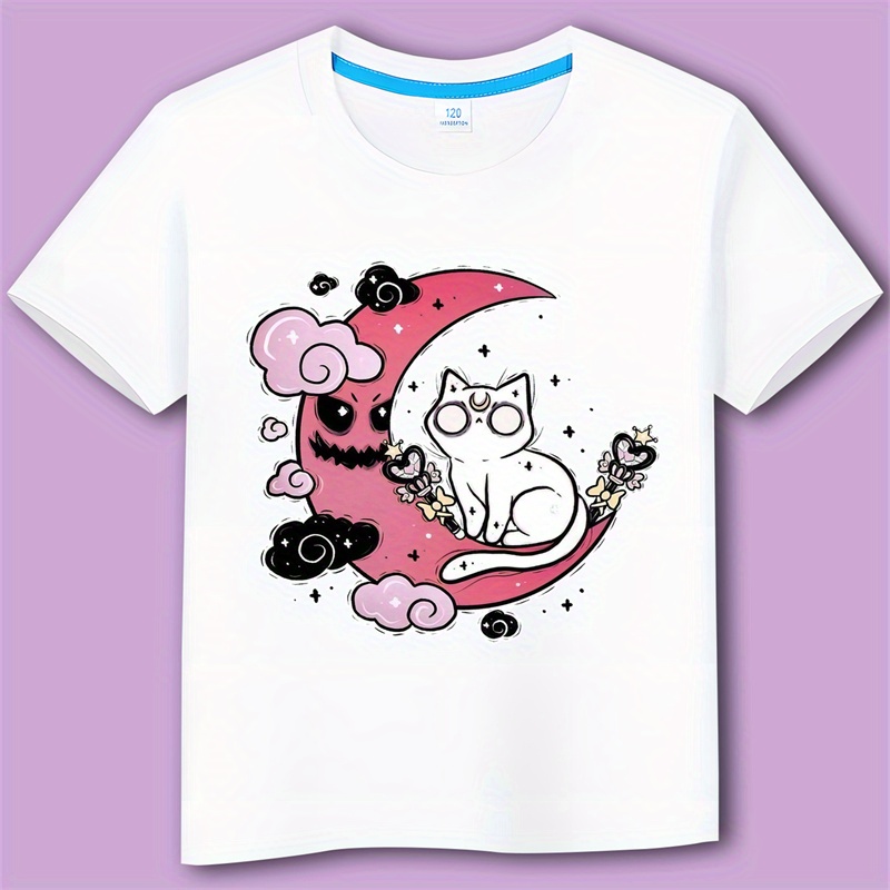 

Cartoon Cat & Moon Print, Girls Graphic Design Crew Neck Active T-shirt, Casual Comfy Tees Tshirts For Summer Kids Clothing