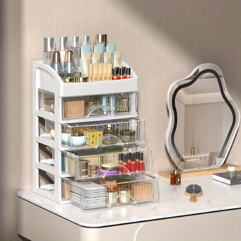 Organizador de maquillaje con espejo para tocador, organizadores  multifuncionales de cosméticos y almacenamiento para cuidado de la piel,  cepillos