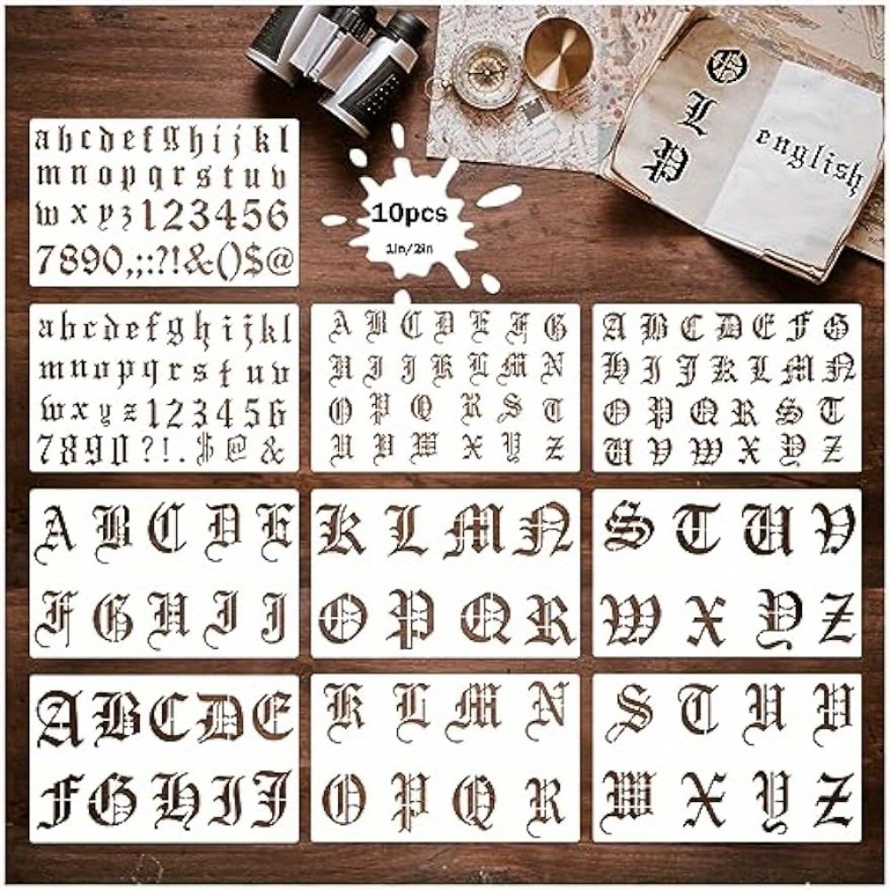 6 Pcs Old English Stencil 2 Inch Letters Number Template Reusable Gothic  Calligraphy Stencils Letters for Painting Drawing Cutting Lettering on Wood