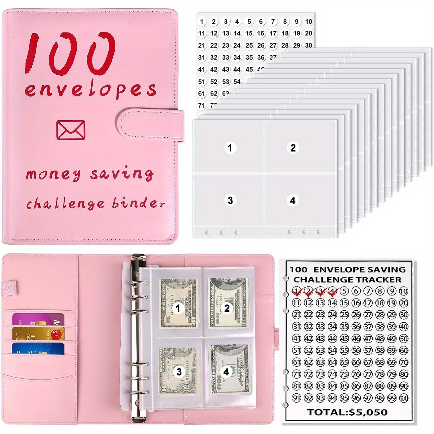Carpeta de desafío de 100 sobres | Una manera fácil y divertida de ahorrar  dinero, kit de caja de desafíos de ahorro de efectivo, carpeta de desafíos