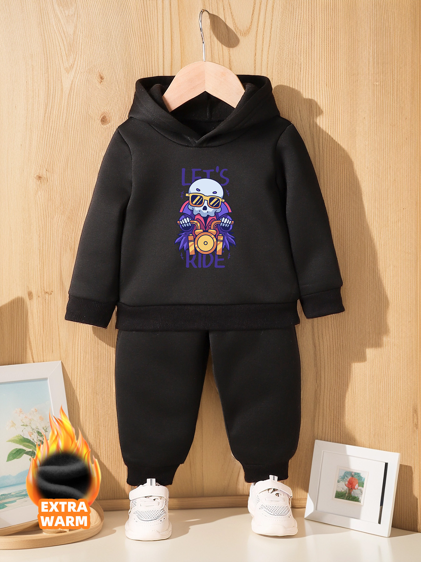 Girls Boys Warm Thickened Fleece Tops Pants Cartoon Skull Temu