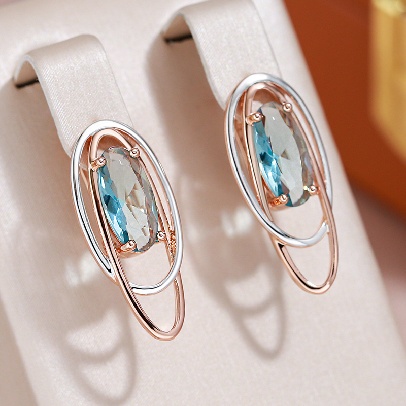 

Elegant Dual Oval Gold-plated Copper Earrings With Blue Zircon Stones, Modern Simple Style Fashion Accessory Jewelry For Women