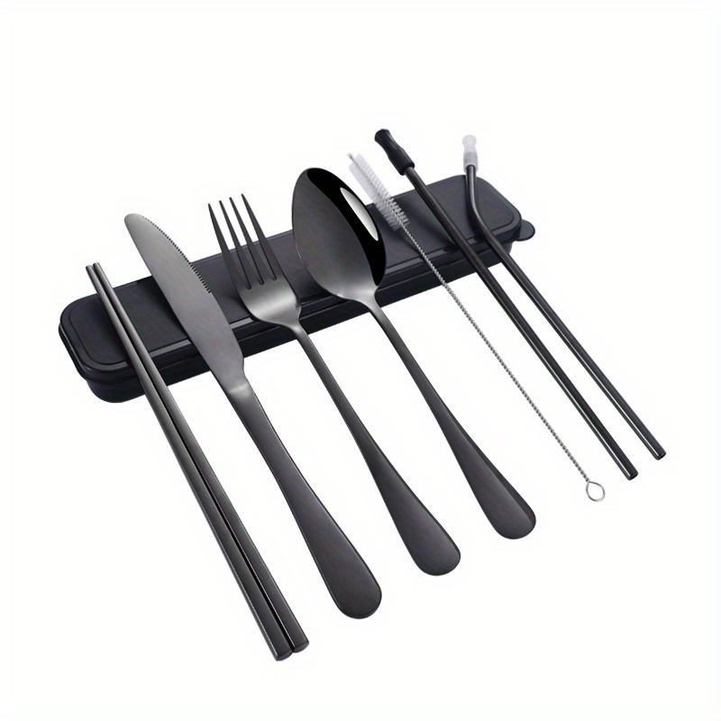 Portable Utensils Set with Case, 4pcs Stainless Steel Reusable Silverware  for Lunch Camping School Picnic Workplace Travel, Lunch Box Includ Fork
