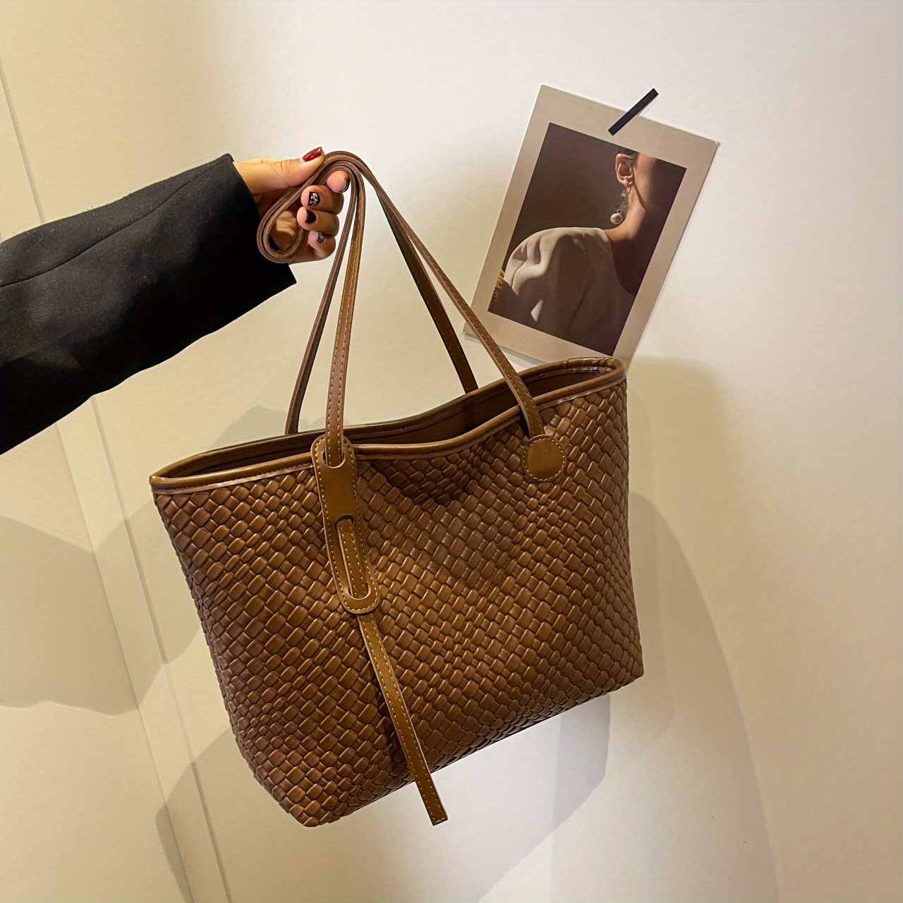 Women's Fashion Woven Vegan Leather Shopper Bag