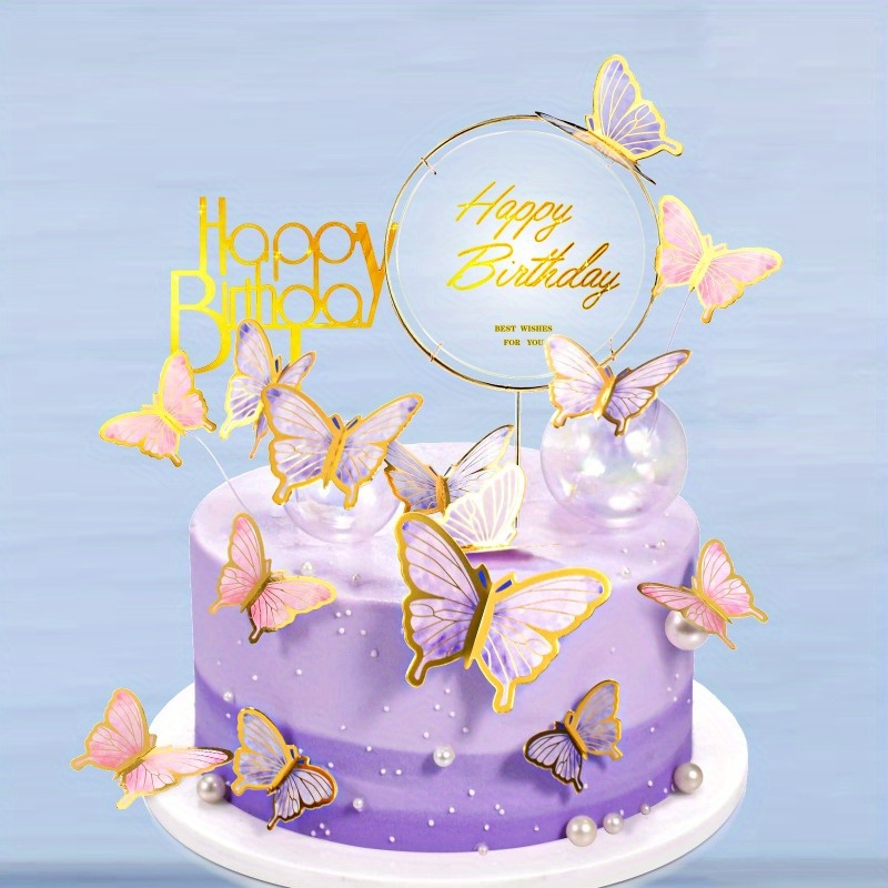 24Pcs Gold Butterfly Cake Decorations with 1 Pcs Happy Birthday Cake Sign,  3D Butterfly Stickers, Butterfly Decorations for Birthday, Butterflies