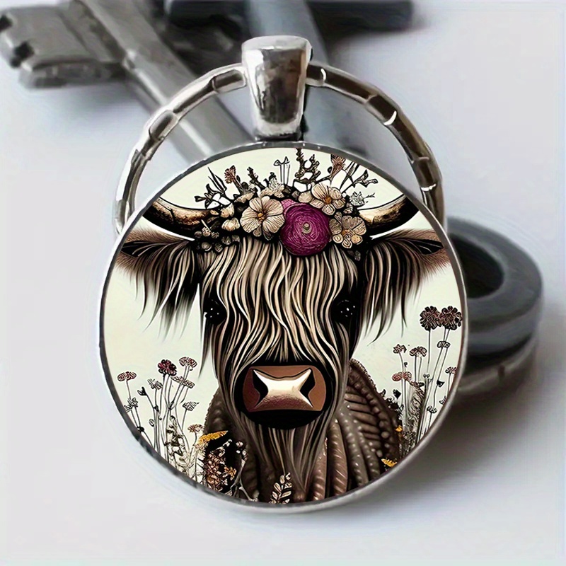 cute cow keychain and necklace round fashionable painted animal metal keychain for men anniversary party birthday party jewelry gift 0