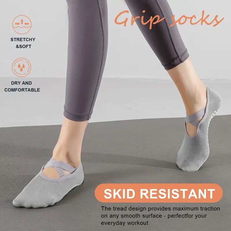 1 Pair Women's Non-Slip Yoga Socks with Cross Strap & Extra Grips - Breathable Polyester Sports Socks for Yoga, Ballet, Barre, Pilates | Available in Multiple Colors (Green, Pink, Purple, Black, Gray, Blue)