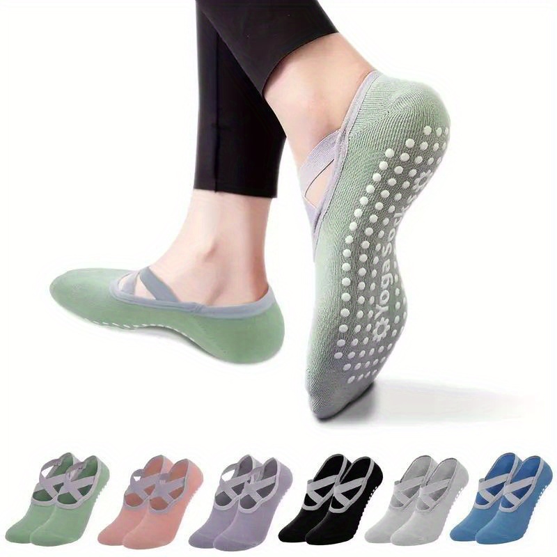 1 Pair Women's Non-Slip Yoga Socks with Cross Strap & Extra Grips - Breathable Polyester Sports Socks for Yoga, Ballet, Barre, Pilates | Available in Multiple Colors (Green, Pink, Purple, Black, Gray, Blue)