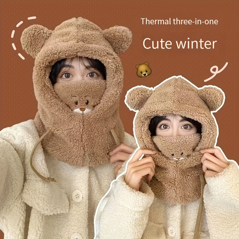 Women's Cartoon Bear Windproof Winter Hat, 3-in-1 Ear Protection