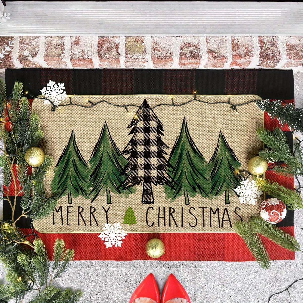 Christmas Decor Door Mat, Seasonal Winter Christmas Holiday Low-profile  Floor Mat, Indoor Outdoor Area Rug - Temu