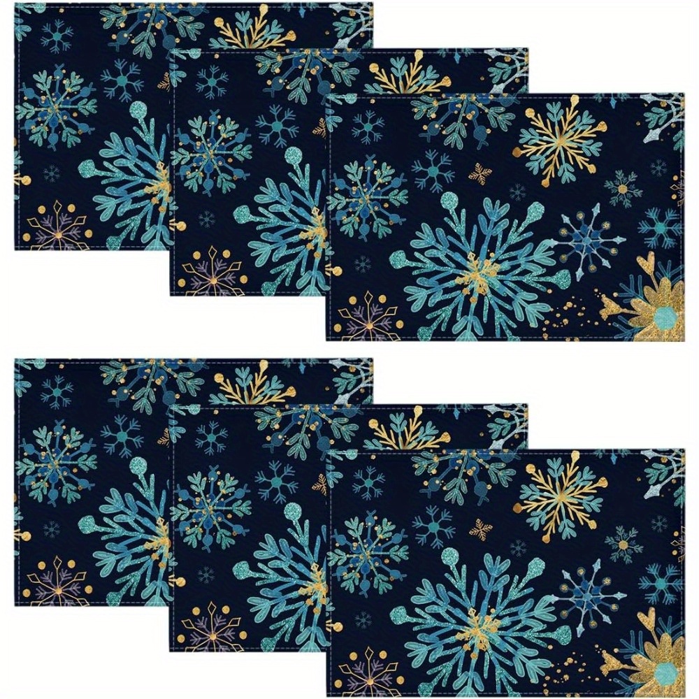 Linen Placemats, Hello Winter Theme Blue Snowflake Pattern