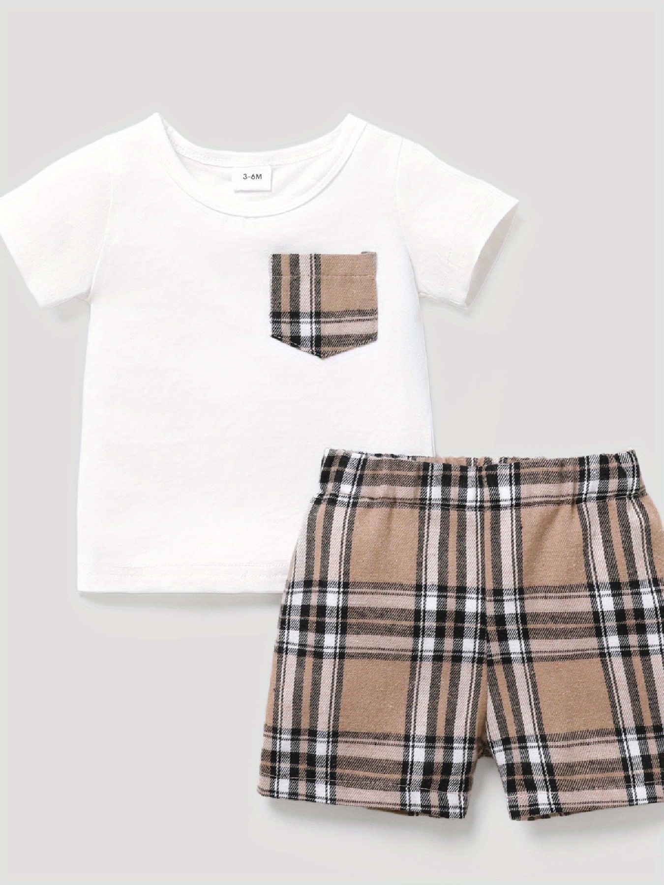 2pcs Baby Boy 95% Cotton Short-sleeve Bow Tie T-shirt and Plaid Shorts Set