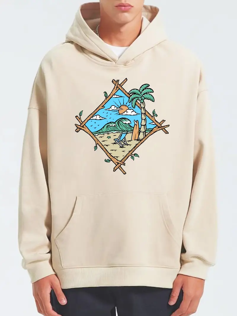 geometric-pattern Beach Cool Sweatshirt, Men's Casual Graphic Design Hooded Sweatshirt Kangaroo Pocket Streetwear Fall Gifts Hoodie Hoodies