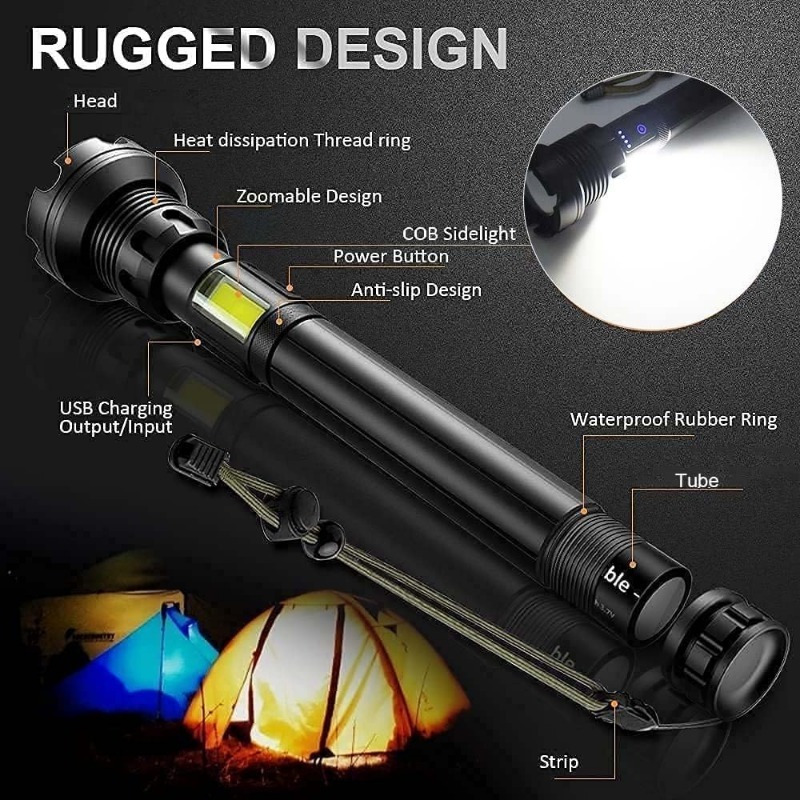 Powerful 9 Led Flashlight, With Cob Side Light Torch, Usb