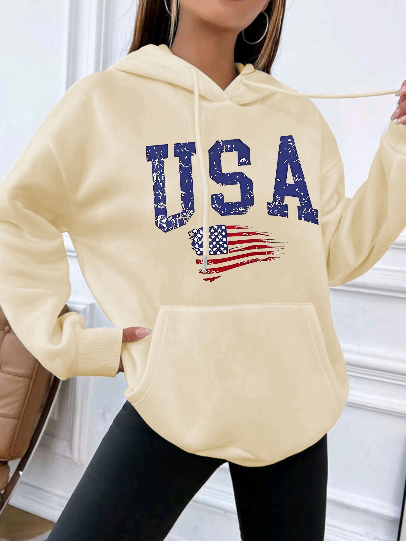 Usa Print Hooded Sweatshirt Front Pocket Long Sleeve Causal - Temu