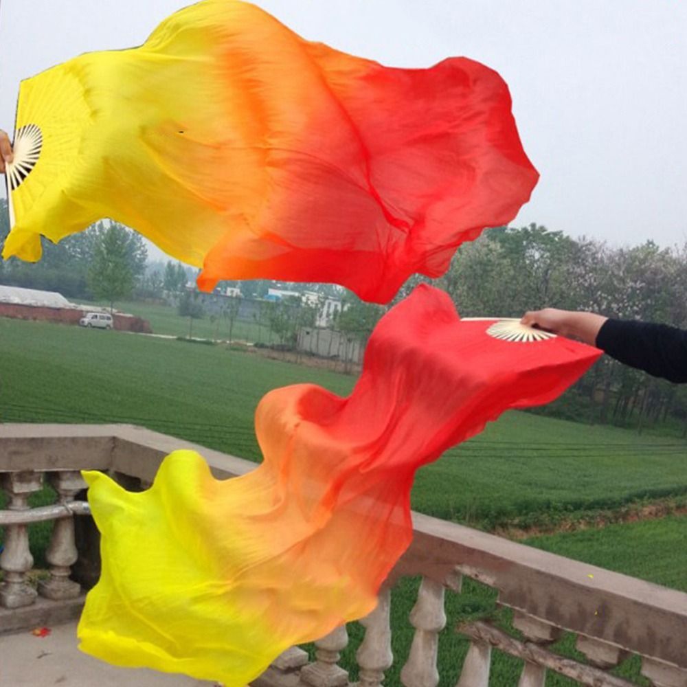 Women Belly Dancing Fan Gradient Long Silk Dance Fan Veil