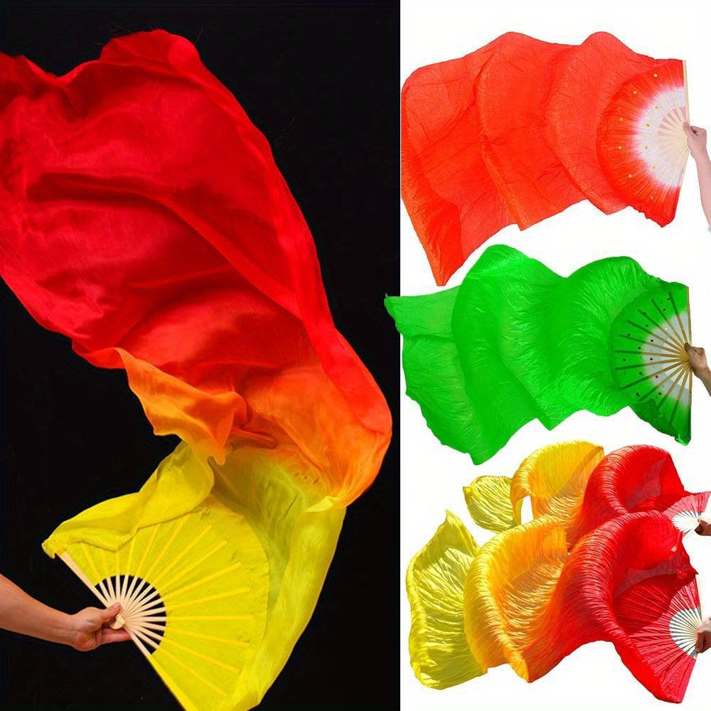 Women Belly Dancing Fan Gradient Long Silk Dance Fan Veil
