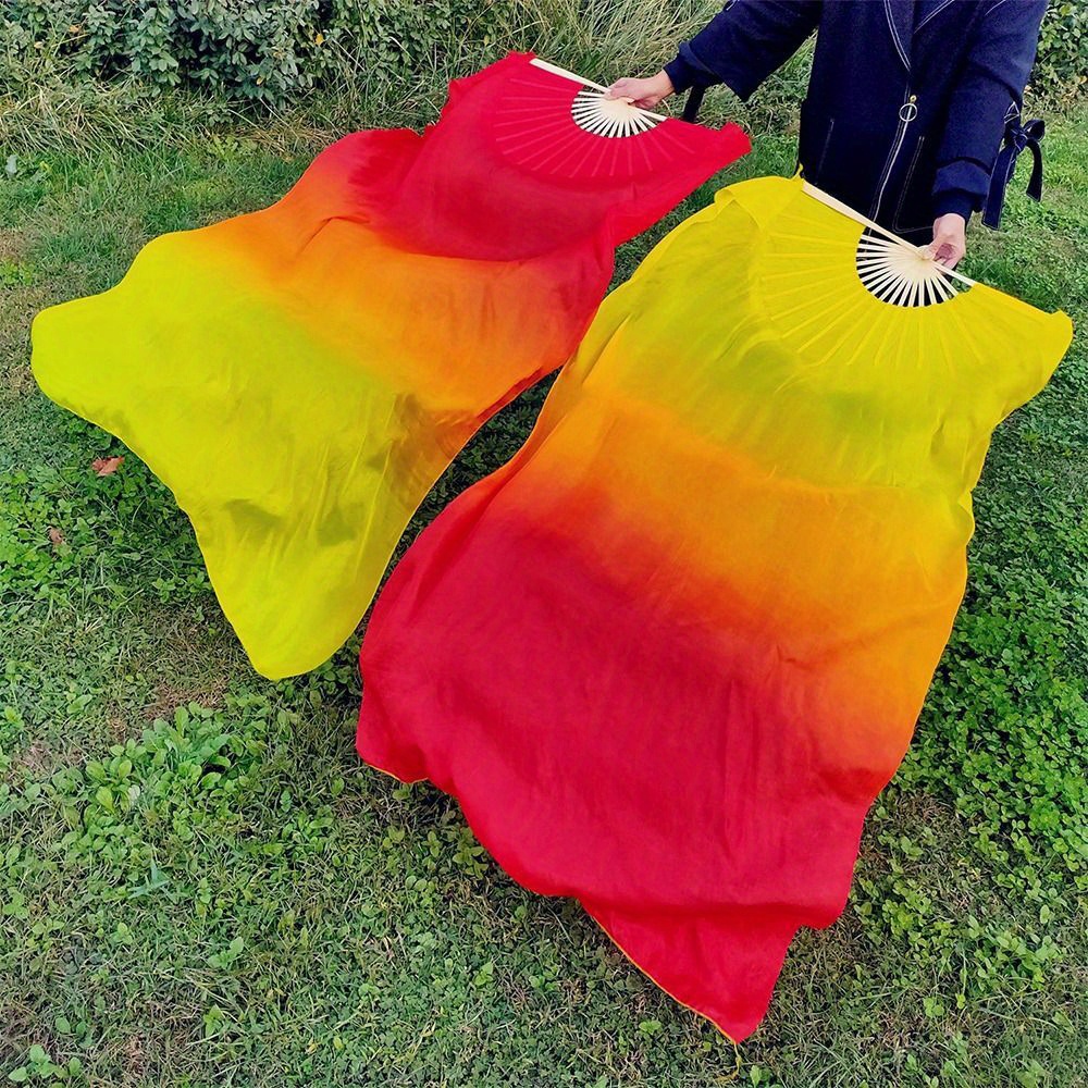 Women Belly Dancing Fan Gradient Long Silk Dance Fan Veil