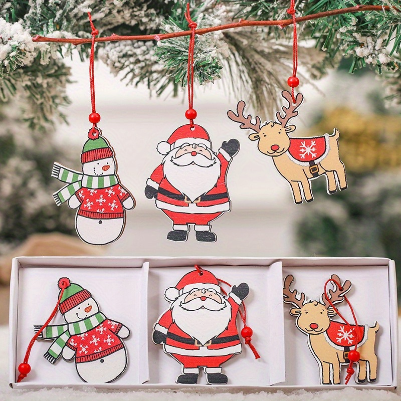 12Pcs White Christmas Tree Ornaments for Winter Wonderland Decorations, 3D  Wood Farmhouse Christmas Rustic Ornaments, Wooden Glitter Reindeer Santa