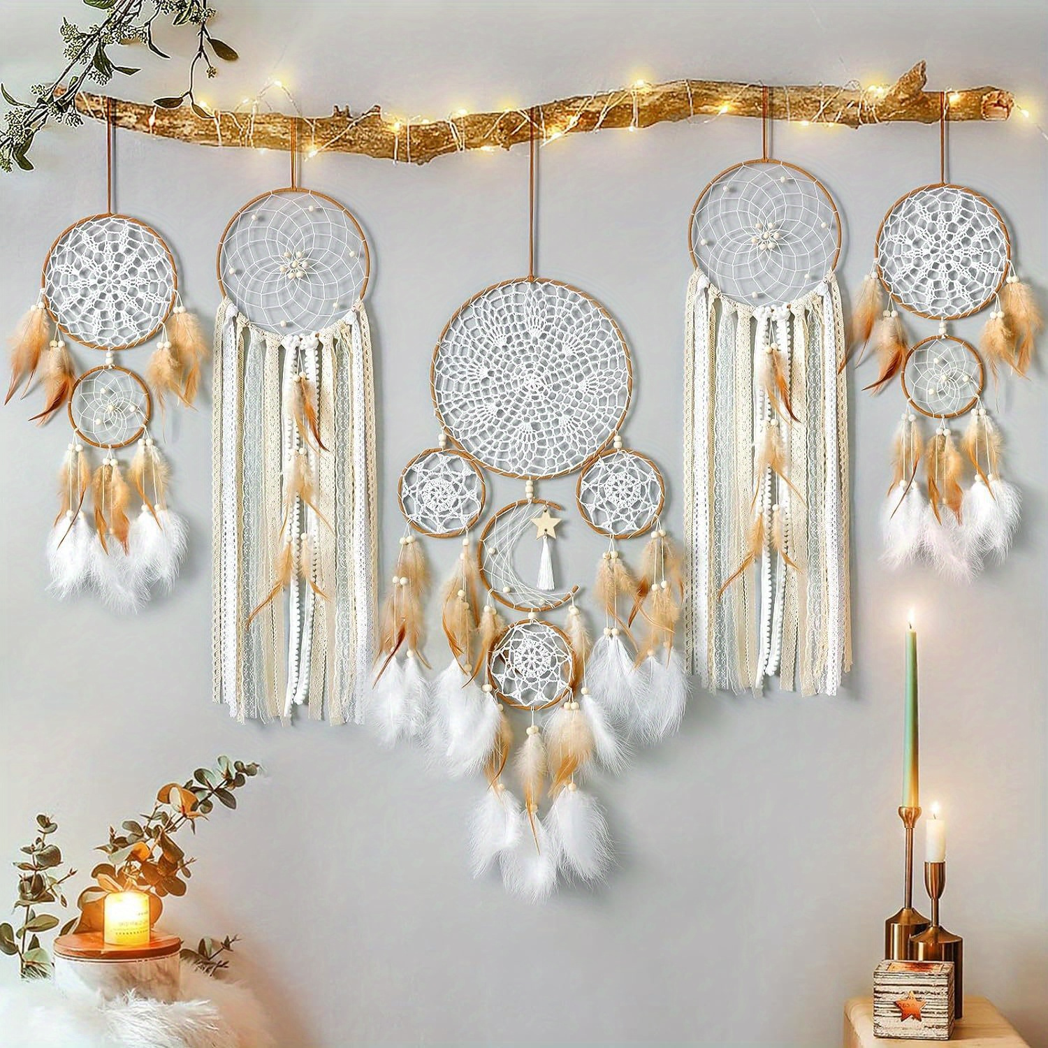 Pre-lit Dream Catchers Set,Sun Moon Design Large Handmade Boho Wall Hanging  Ornament,Feather Native Home Wall Decoration,Christmas gifts for Kids  Bedroom Adult Living Room Home 