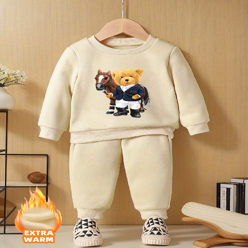 

Fleece 2pcs Bear And Horse Pattern Long Sleeve Round Neck Sweatshirt & Jogger Pants Set, Comfy Outfits For Girls Sports Winter Autumn Clothes