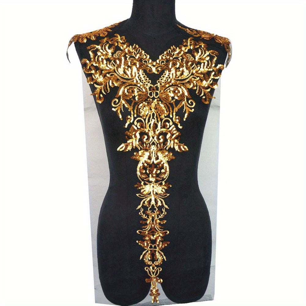 Image of 1pc Phoenix Feather Golden Sequin Applique (red//black) For Dress, Wedding Gown, Stage Costume Decoration And Accessories