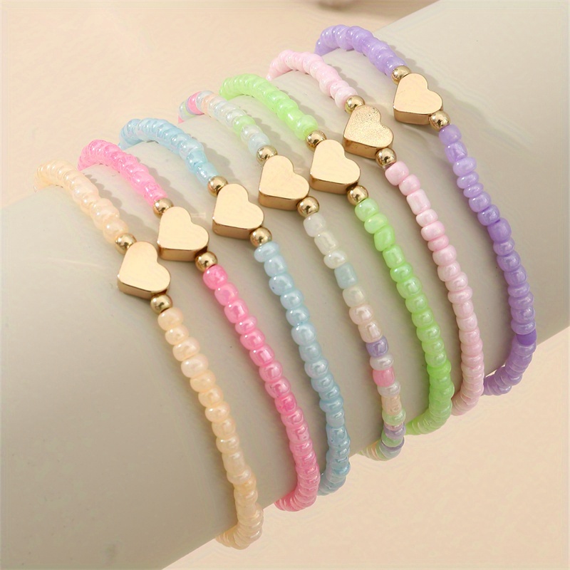 Heart Elastic Beaded Bracelet Set Candy Color Stackable Hand