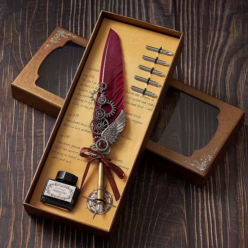 Feather Pen and Ink Set, Mechanic Style Quill Calligraphy Pen with