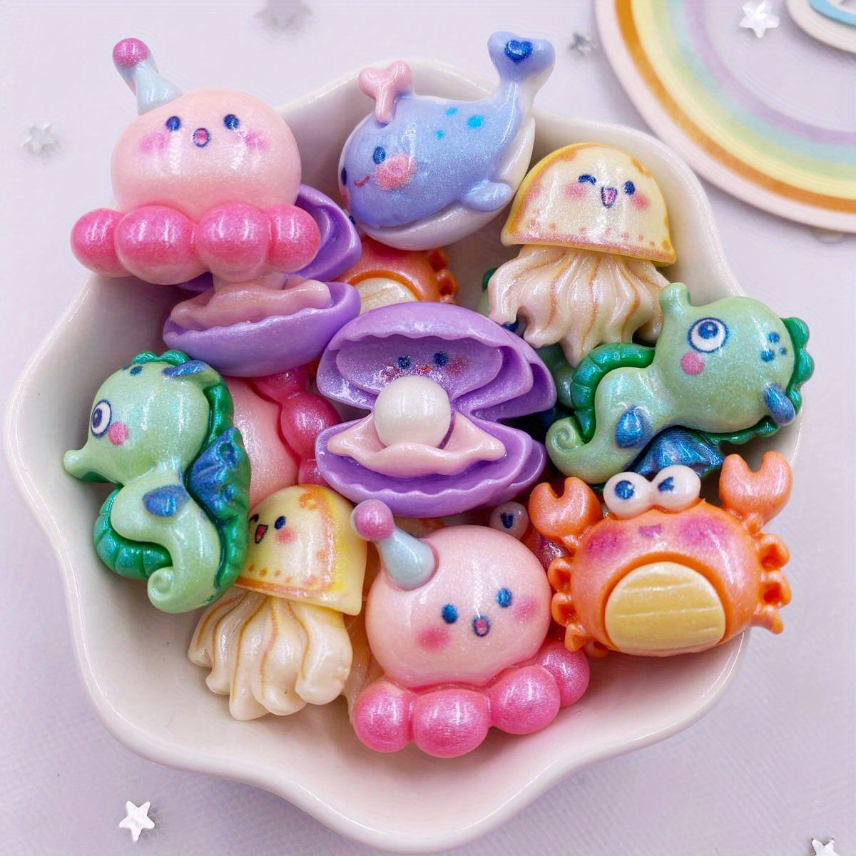 

20pcs Resin Glitter Colorful Jellyfish Crabs Shells Seahorses Octopuses Whales Flatback Cabochon, Cartoon Scrapbook Crafts, Diy Accessories Decor Figurines Ornaments