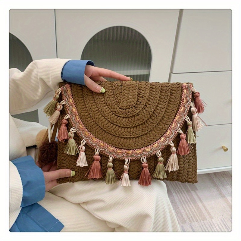 Women Straw Clutch Bag Tassel Woven Ladies Purses Fashion Handmade