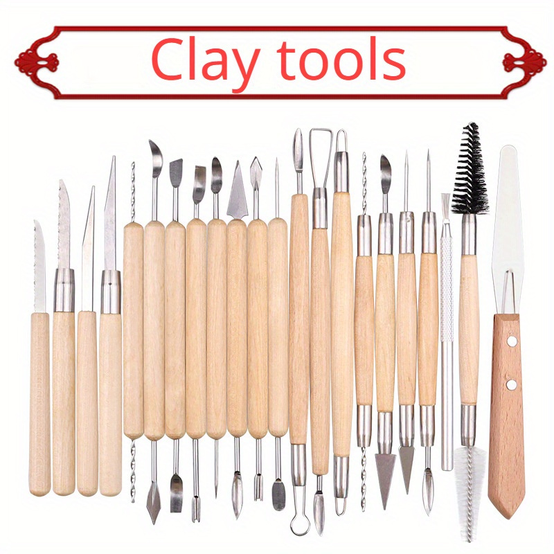 Pottery Clay Sculpting Tools, 22pcs Wooden Handle Pottery Carving Tools & Metal Scraper & Plastic Clay Shaping Tools, Men's, Size: One size, Brown