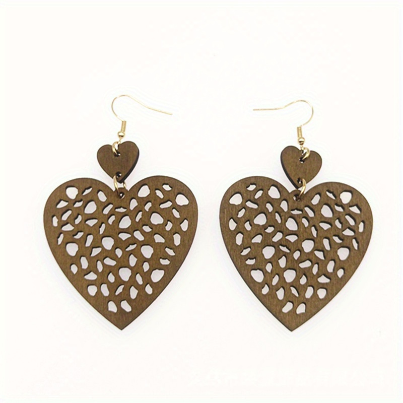Boho Vintage Peach Heart Earrings Mesh Cut Wood Chip
