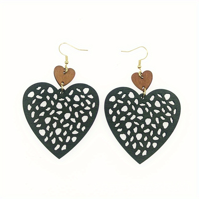 Boho Vintage Peach Heart Earrings Mesh Cut Wood Chip