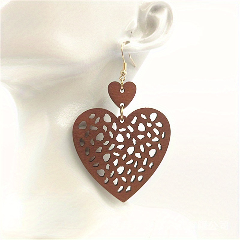 Boho Vintage Peach Heart Earrings Mesh Cut Wood Chip