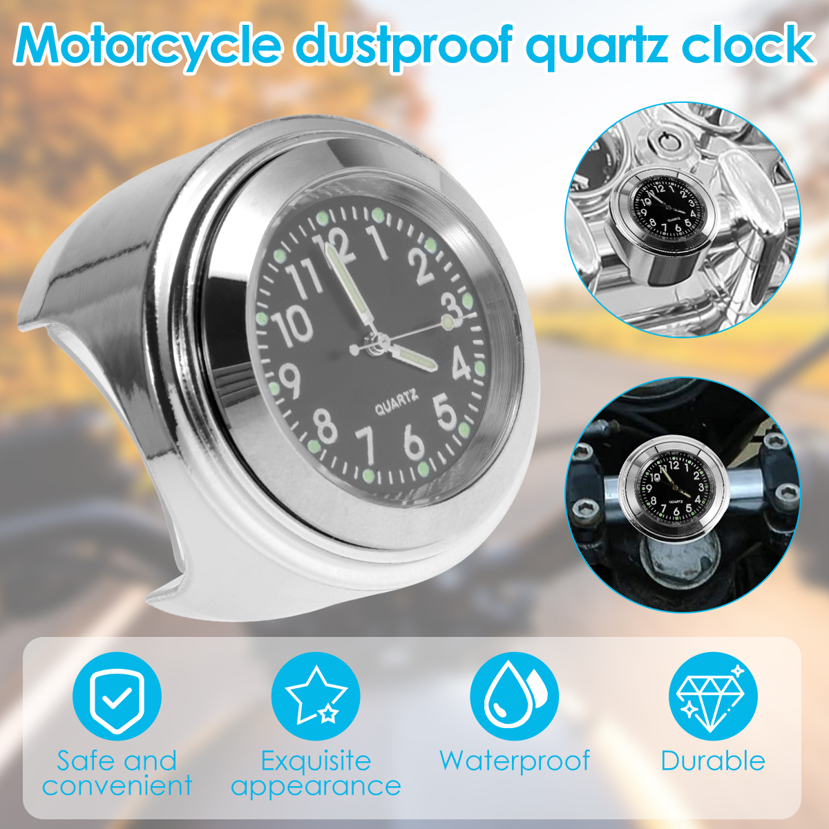 Universal 7/8 Waterproof Chrome Motorcycle Bike Handlebar Mount Quartz Clock  Watch Aluminum Luminous Clock Moto Accessories black