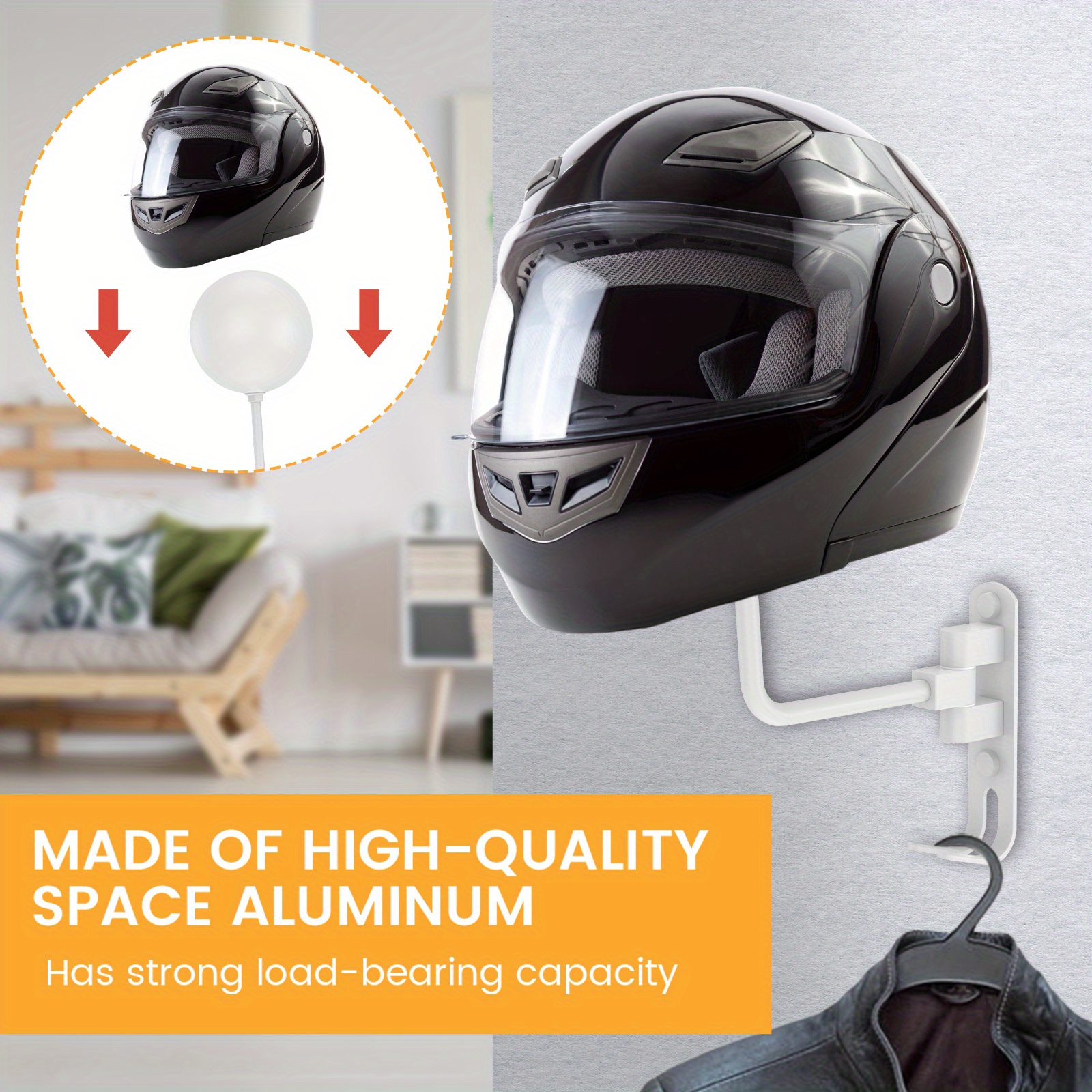 Soporte de casco de motocicleta de 180°, soporte de casco de metal  giratorio para montar en la pared, soporte para casco de motocicleta con 2  ganchos
