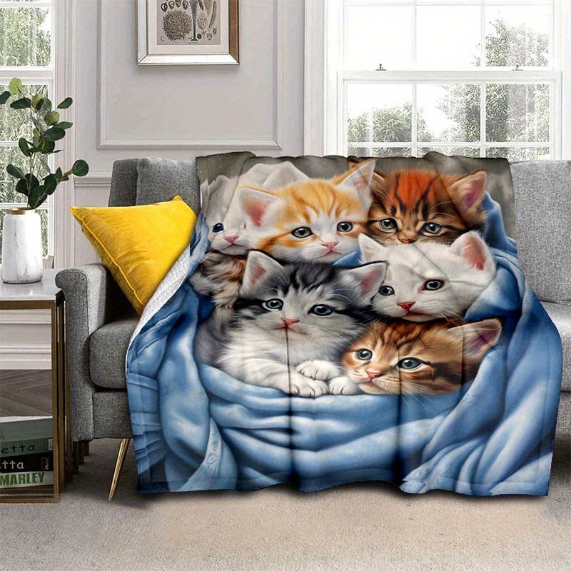 1pc cute cat thin blanket lightweight flannel throw for sofa bed travel camping livingroom office couch chair and bed digital printing fleece blanket with soft and warm flannel fabric details 0