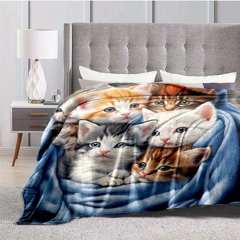 1pc cute cat thin blanket lightweight flannel throw for sofa bed travel camping livingroom office couch chair and bed digital printing fleece blanket with soft and warm flannel fabric details 3