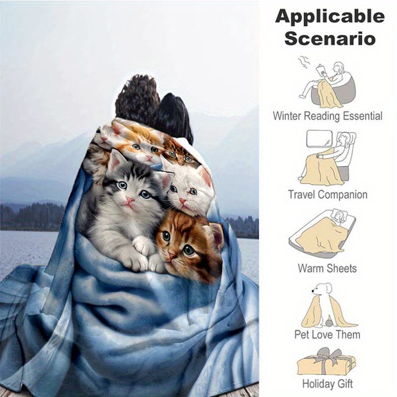 1pc cute cat thin blanket lightweight flannel throw for sofa bed travel camping livingroom office couch chair and bed digital printing fleece blanket with soft and warm flannel fabric details 4