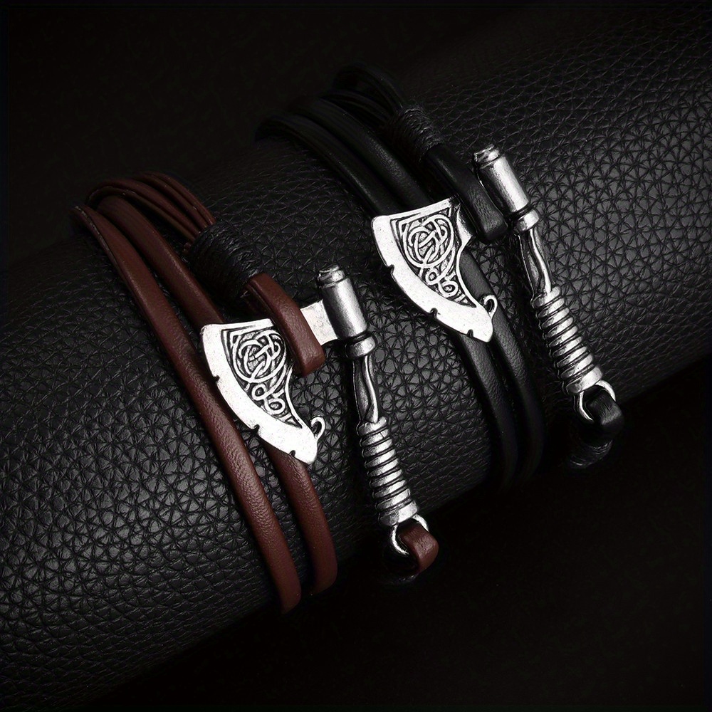 

1pc Fashionable Multi-layered Pu Leather Rope Bracelet, Viking Ax Pu Leather Bracelet For Men