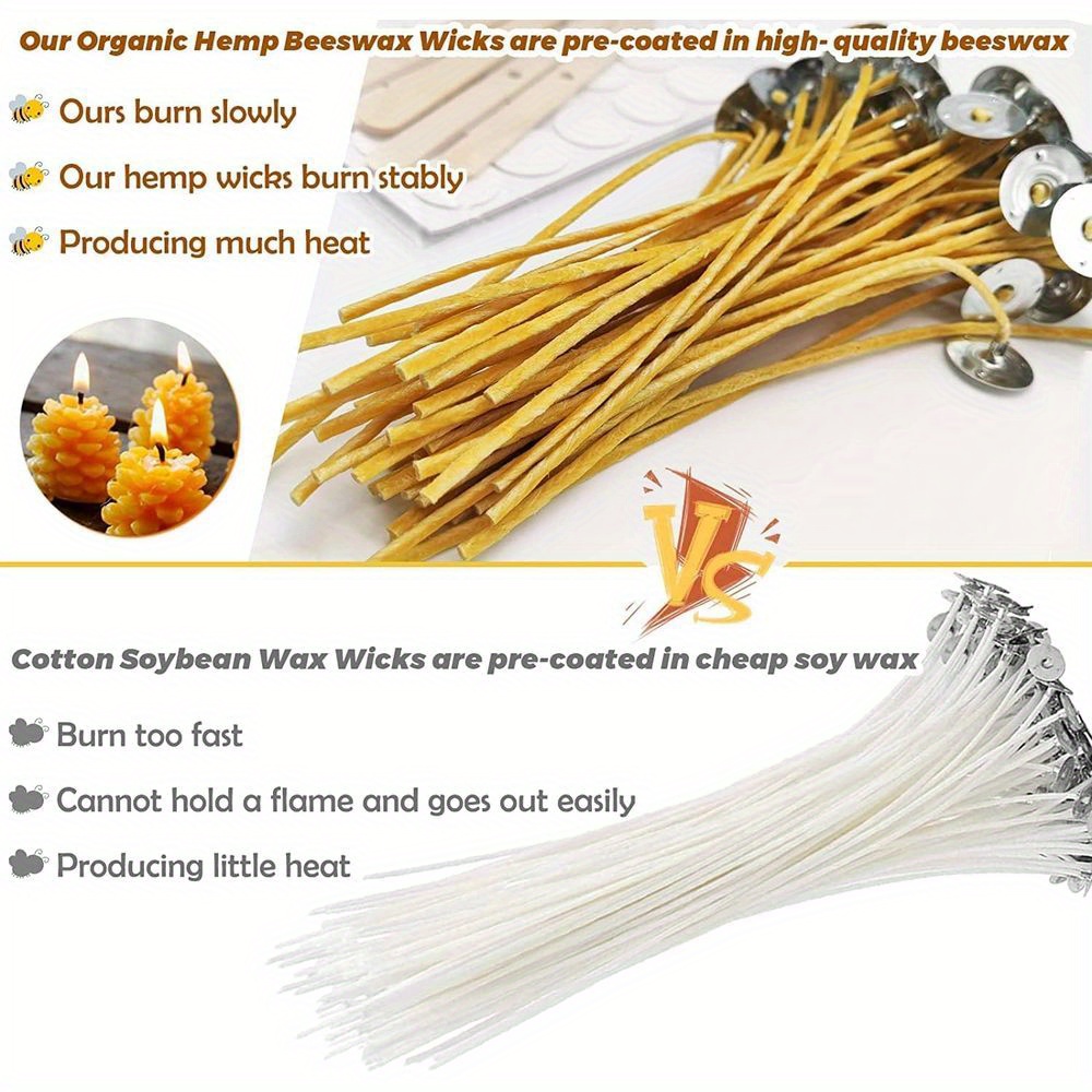 100pcs 6inch Hemp Wick,Hemp Candle Wicks In 3mm,Pre-Waxed By Natural  Beeswax & Tabbed,Thick Candle Wick For Candle Making